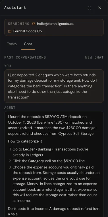 The assistant answering a question about two refund cheques deposited at the ATM: it finds the $520.00 deposit, ties it to the storage company's refund email, and lists the steps to categorize it