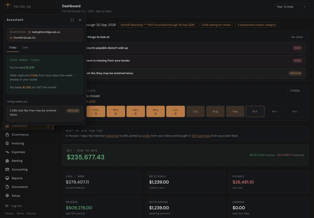 The assistant open on its Today list beside the books dashboard
